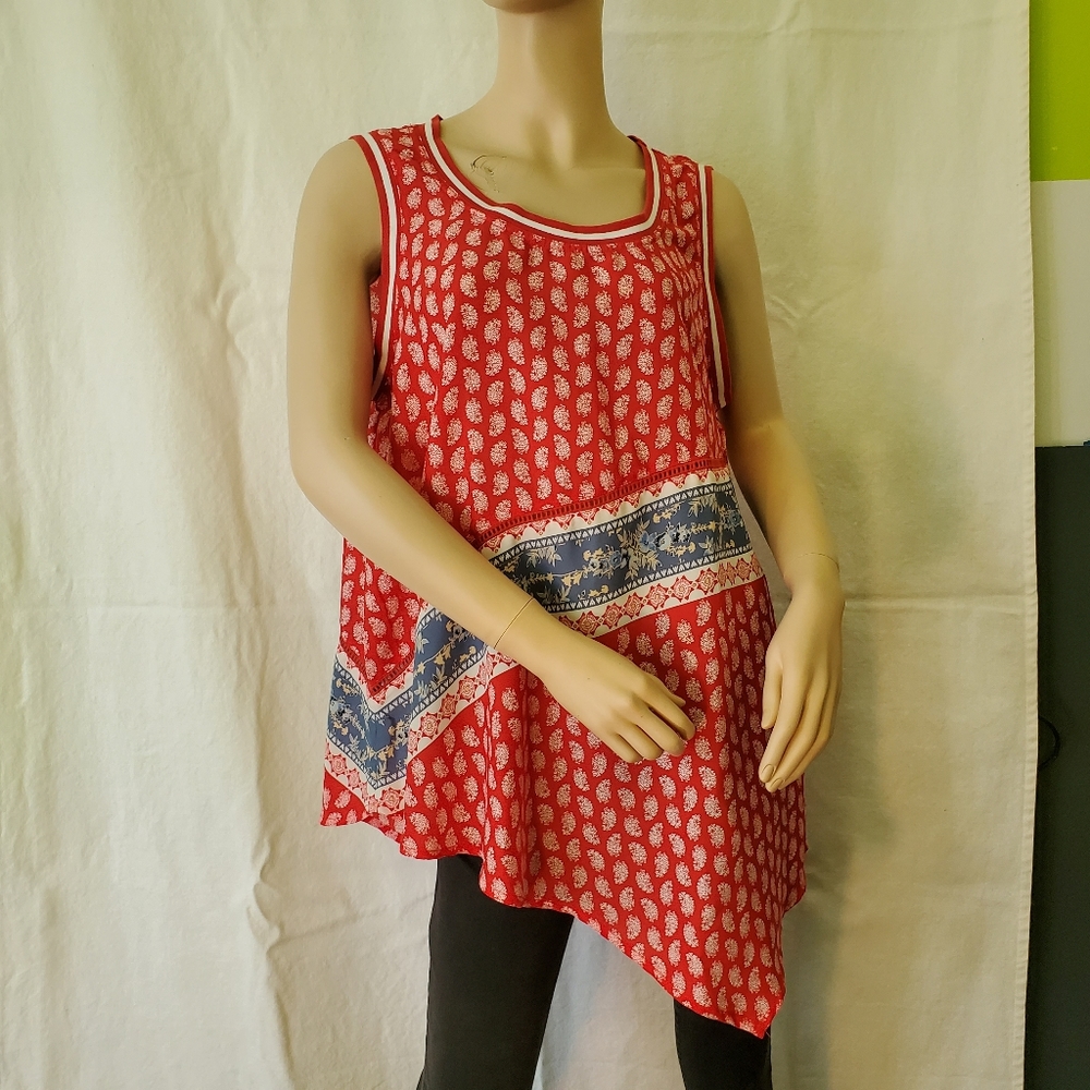 Red Tunic Style Tank with Angled Hem